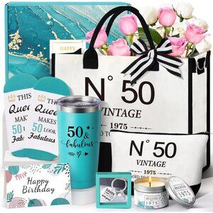 Stylish 50th Birthday Tote Bag Gift Set with Makeup Bag & Fun Accessories